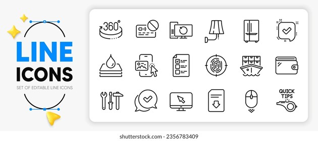 Fingerprint, Voting ballot and Approved line icons set for app include Tutorials, Confirmed, Wall lamp outline thin icon. Download file, Phone image, Refrigerator pictogram icon. Vector