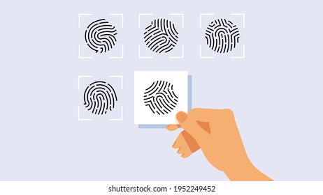 The Fingerprinting - comparison of samples, selection of the desired print, comparison. The hand holds a sample of the print and compares it with others. Vector illustration on a lilac background.