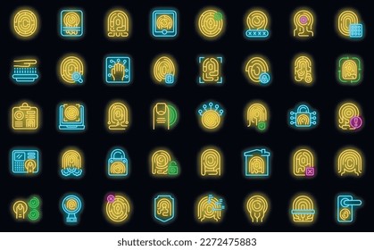 Los iconos de impresión de dedos establecen el vector de contorno. Pulgar de impresión. Color del neón de impresión de dedo sobre negro