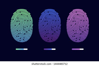 Fingerprints. Cyber security concept. Digital security authentication concept. Biometric authorization. Identification. Vector illustration of the fingerprint of different colors on a black background