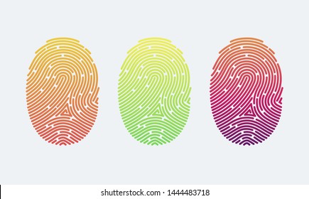 Fingerprints. Cyber security concept. Digital security authentication concept. Biometric authorization. Identification. Vector illustration of the fingerprint of different colors on a white background