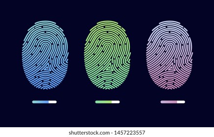 Fingerprints. Cyber security concept. Digital security authentication concept. Biometric authorization. Identification. Vector illustration of the fingerprint of different colors on a black background