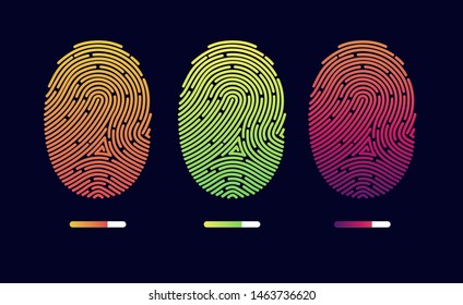 Fingerprints. Cyber security concept. Digital security authentication concept. Biometric authorization. Identification. Vector illustration of the fingerprint of different colors on a black background