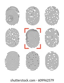 Fingerprints or fingertip prints identification scanner and biometric id trace. Security authorization and crime protection vector icons set