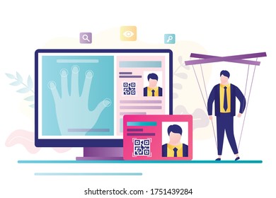 Huellas digitales en la pantalla, pasaporte de identificación digital con código qr. Control digital total sobre las personas, títere masculino. Violación de derechos civiles, seguimiento de personas. Documentos biométricos. Vector plano