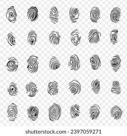 Huellas digitales de identidad personal. Identidad de huellas digitales y símbolos de seguridad. Iconos de línea
