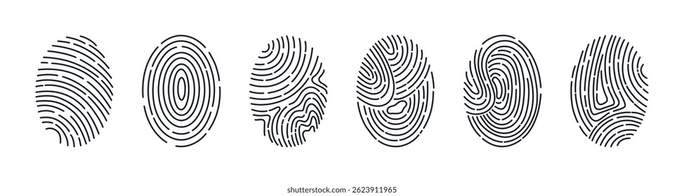 Fingerprints set isolated on white background. Personal id identity. Unique touch id. Vector hand drawn cliparts.