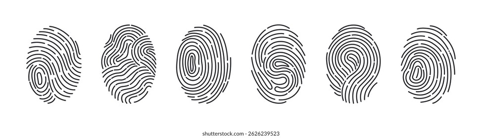 Fingerprints set isolated on white. Personal id identity. Unique touch id. Vector hand drawn cliparts.