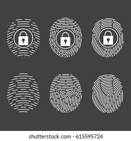 Fingerprints set. Vector illustration. Security system. Digital lock