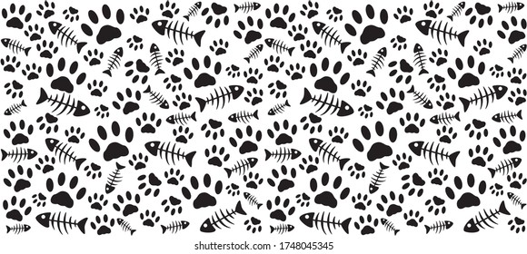 Fingerprints and skeletons of fish. Black on a white background. Endless seamless vector pattern of cat tracks. Pads and fish bones
