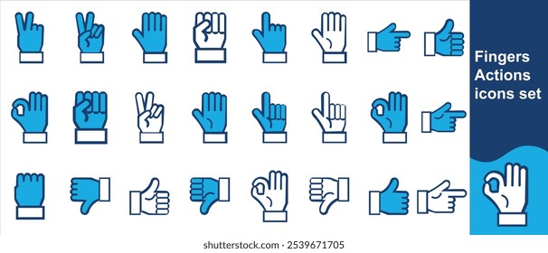 Fingers Actions editable  web icons set. Fingers, hands, thumb up, ok, point, touch, pray, hand shaking, and like. Vector illustration