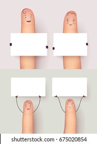 Fingers with clear promo boards set. Blank mockup empty page. Flat style vector realistic illustration isolated on white background