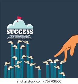 Fingers climbing on hand with flag 
on the Cloudy sky  background. 
Fingers on  stairs are going up. Mock up. 
Concept of success and achieving your goal. 
