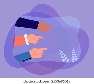 Fingers of company people pointing in right direction. Hands of persons drawing attention to blank space, pointers flat vector illustration. Cooperation, teamwork, partnership concept for banner