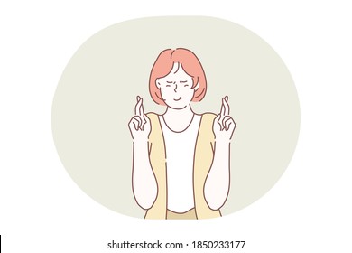 Fingers Crossed, Belief, Wish, Superstition, Hope, Liar Concept. Young Woman Cartoon Character Standing With Eyes Closed And Fingers Crossed Gesture And Concentrating On Better Outcome Of Situation 