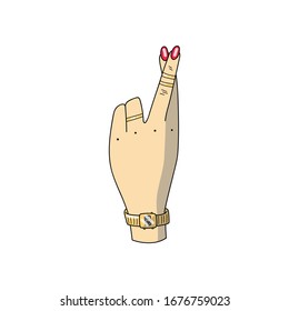 Fingers crossed. Cross fingers. Hand gesture.Woman`s hand with a red manicure, gold rings fnd gold watch showing crossed fingers. Vector illustration.