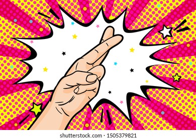 Fingers crossed good luck gesture or the lie doubt truth in retro pop art comic style. Vector illustration