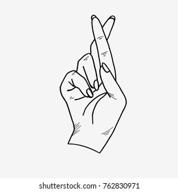 Fingers Crossed, Hand Gesture. Get Lucky, Good Luck. Hand Drawn Vector Illustration