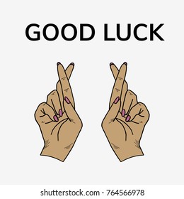 Fingers crossed, hand gesture. Get lucky, good luck. Hand drawn vector illustration