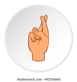 Fingers crossed icon in cartoon style on white circle background. Gestural symbol vector illustration