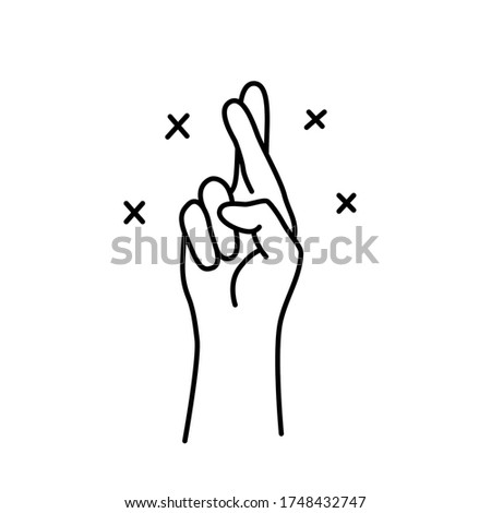 FINGERS CROSSED. Korean lucky sign. Finger luck symbol with cross. Promise hand gesture. Vector illustration on white background. Hand drawn design print for tee, t shirt, cards, banner, poster