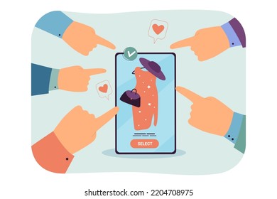 Fingers of customers pointing at dress on phone screen. Hands of buyers and stylish outfit in internet store flat vector illustration. Fashion, shopping concept for banner or landing web page