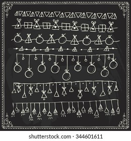 fingers drawn vector straight border set and design component in cheerful new year and merry christmas style on blackboard scene joyful makeup line classic tree white vacation nails star union fingers