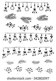 fingers drawn vector straight outline set and design element in smiling new year and merry xmas style cheerful makeup line classic tree white holiday nails star partnership popular make border stack n