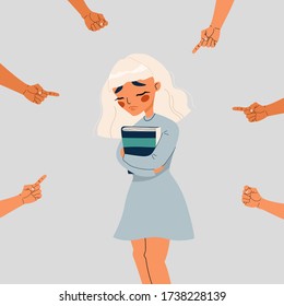 Fingers and fists pointing on a girl. Shame, victim and social issues concept. Modern hand-drawn cartoony vector illustration. Disapproved unhappy blonde girl holding book. 