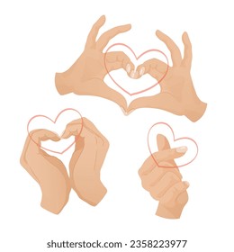 Fingers folded in shape of heart vector illustrations set. Woman making heart gestures in different ways, showing love and affection with hands. Valentine day, romance, support concept