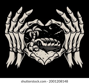 Fingers forming a heart with a view of the beach inside. For t-shirts, stickers and other similar products.