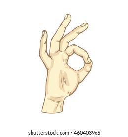 Fingers gesture okay. Vector color illustration in a realistic 3d style. Object hand in a complex interpretations. Doodle. Isolated on white background. Eps10. For different design. All is well.