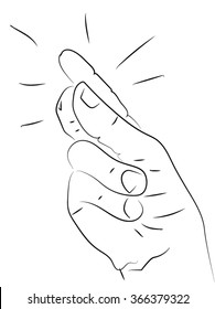 Fingers or hand snap. hand, palm, fingers. Human hand holding a coin with your fingers. Vector black - white illustration on the theme of money, luck, gold. 