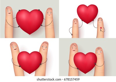 Fingers and heart collection. Image set for romantic love messages. Flat style vector realistic illustration isolated on white background