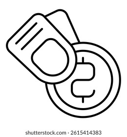 Fingers hold coin thin line icon, finance concept. Vector graphics. Coin money sign on white background, linear style for mobile or design