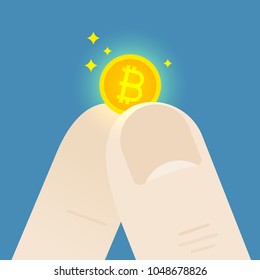 Fingers hold a small bitcoin. Flat concept vector illustration.