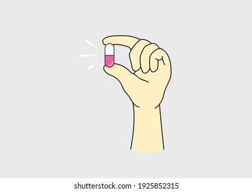 Dedos con una cápsula de fondo gris. Concepto de salud. Ilustración vectorial.