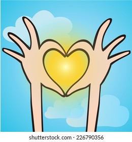 Fingers making shape of heart symbol of love on the sun