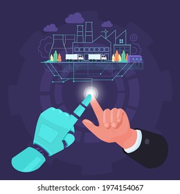 Fingers of man and robot join to control factory process in smart industry 4.0
