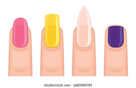 Fingers with Nails of Different Shapes Colored with Nail Polish Vector Set