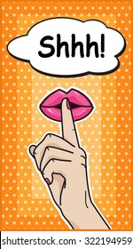 Fingers on lips gesture vector in pop art comics style illustration, yellow quiet silence sign with message Shhh!