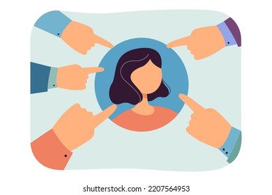 Fingers of peoples hands pointing at portrait of woman. Attention to female character flat vector illustration. Society, judge, audience concept for banner, website design or landing web page