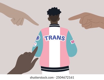 Fingers point aggressively at a person wearing a jacket that boldly displays the word TRANS, embodying societal tensions and struggles for acceptance