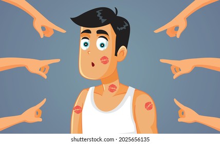 Fingers Pointed At Infidel Boyfriend Covered In Lipstick Marks. Womanizer Boyfriend Being Caught While Cheating In Romantic Relationship Having An Affair
