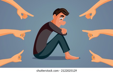 
Fingers Pointed at Sad Depressed Man Vector Cartoon Illustration. People blaming anxious person for his mental health issues 
