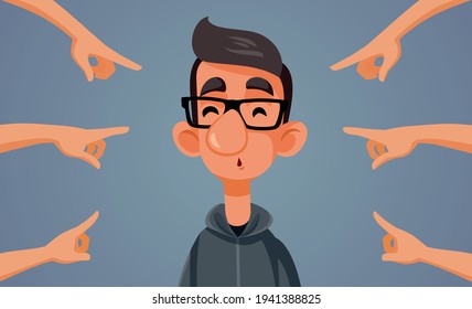 Fingers Pointed to a Young Man Vector Illustration. People placing the blame on a suspicious guy
