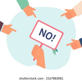 Fingers pointing at banner with no word flat vector illustration. Person expressing his point of view. Public opinion or pressure, power, stress concept for banner, website design or landing web page