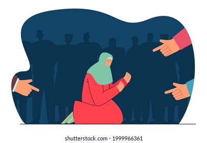 Fingers pointing at begging for charity woman. Society condemning person flat vector illustration. Aggression, attack, bullying concept for banner, website design or landing web page