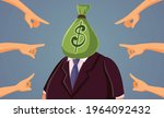 Fingers Pointing Blaming Billionaire For Social Issues. Businessman thinking all about money due to corporate greed being blamed for corruption
