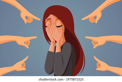 Fingers Pointing at Crying Woman Blaming the Victim. Society wrongly accusing female being at fault for her traumatic experience
